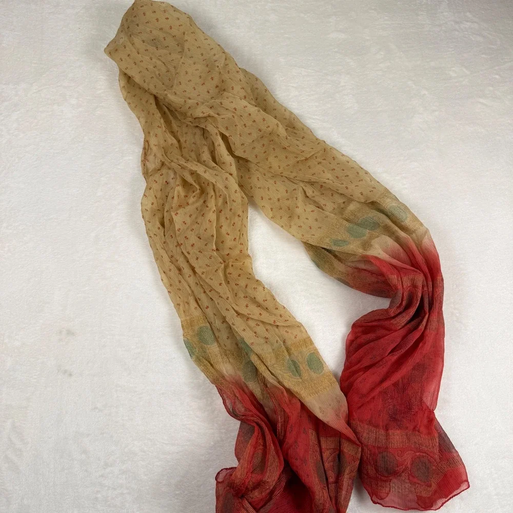 Sheer Boho Ombré Scarf Red Tan Lightweight‎ Floral Block Print